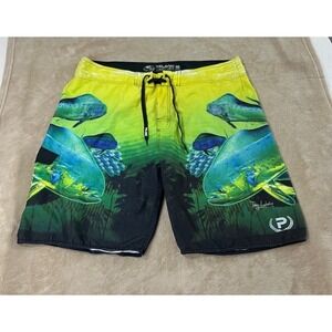 Pelagic Board Shorts Mens size 40 Green/Yellow Swim Fish Print Trunks